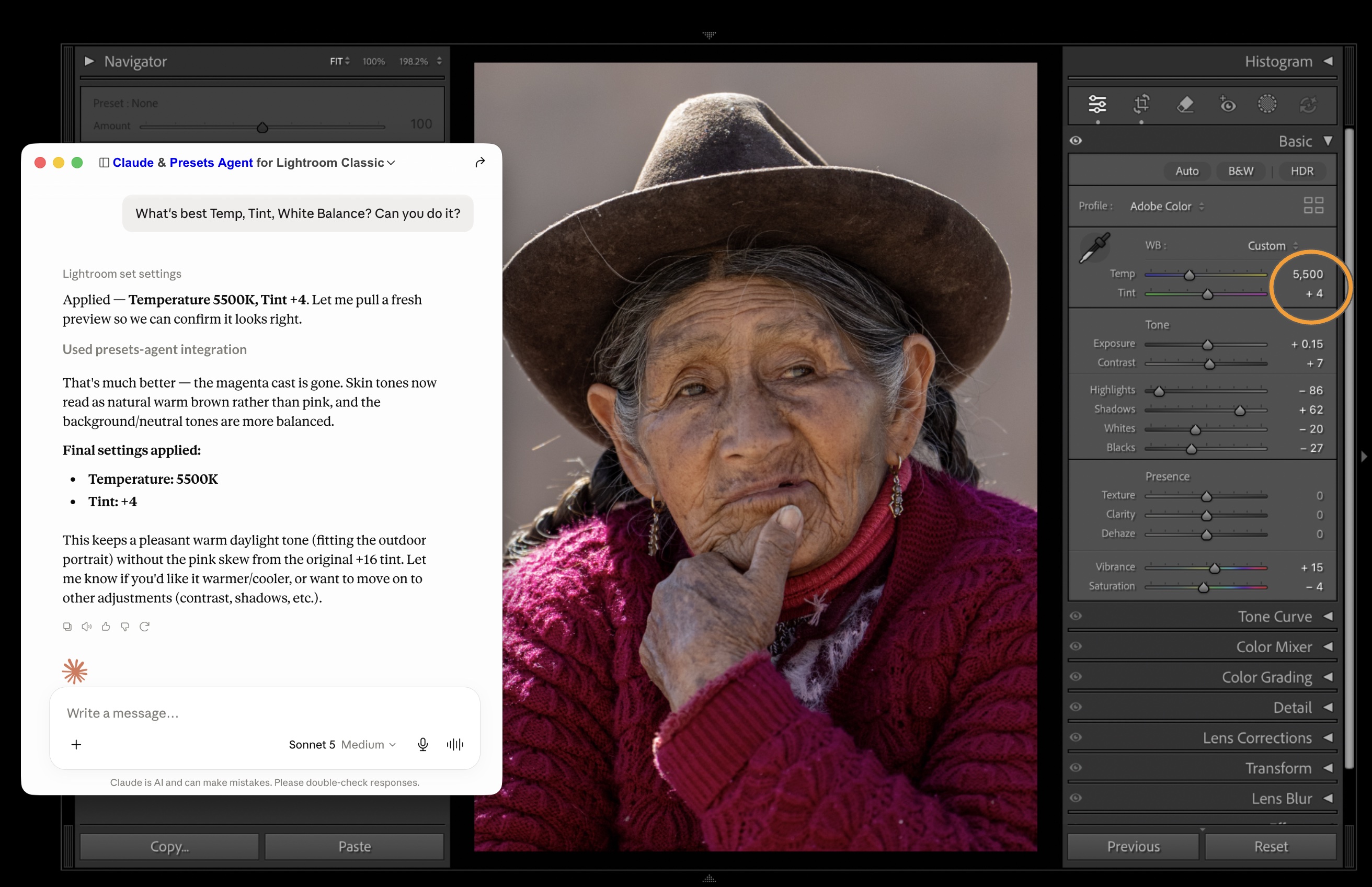 Claude editing tint, temperature and white balance of a Lightroom Classic photo using Presets Agent