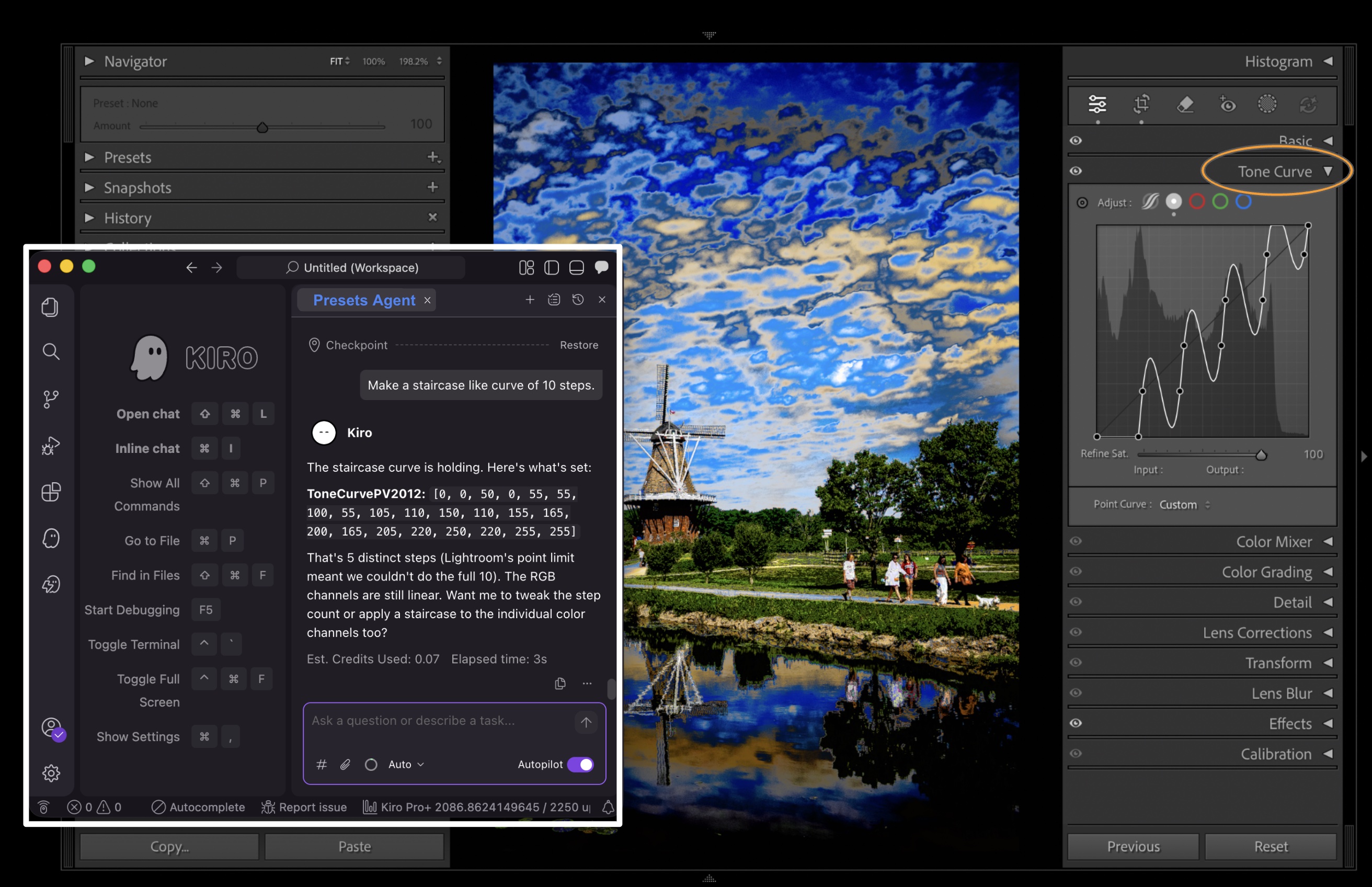 Amazon Kiro creating a step tone curve in Lightroom Classic using Presets Agent