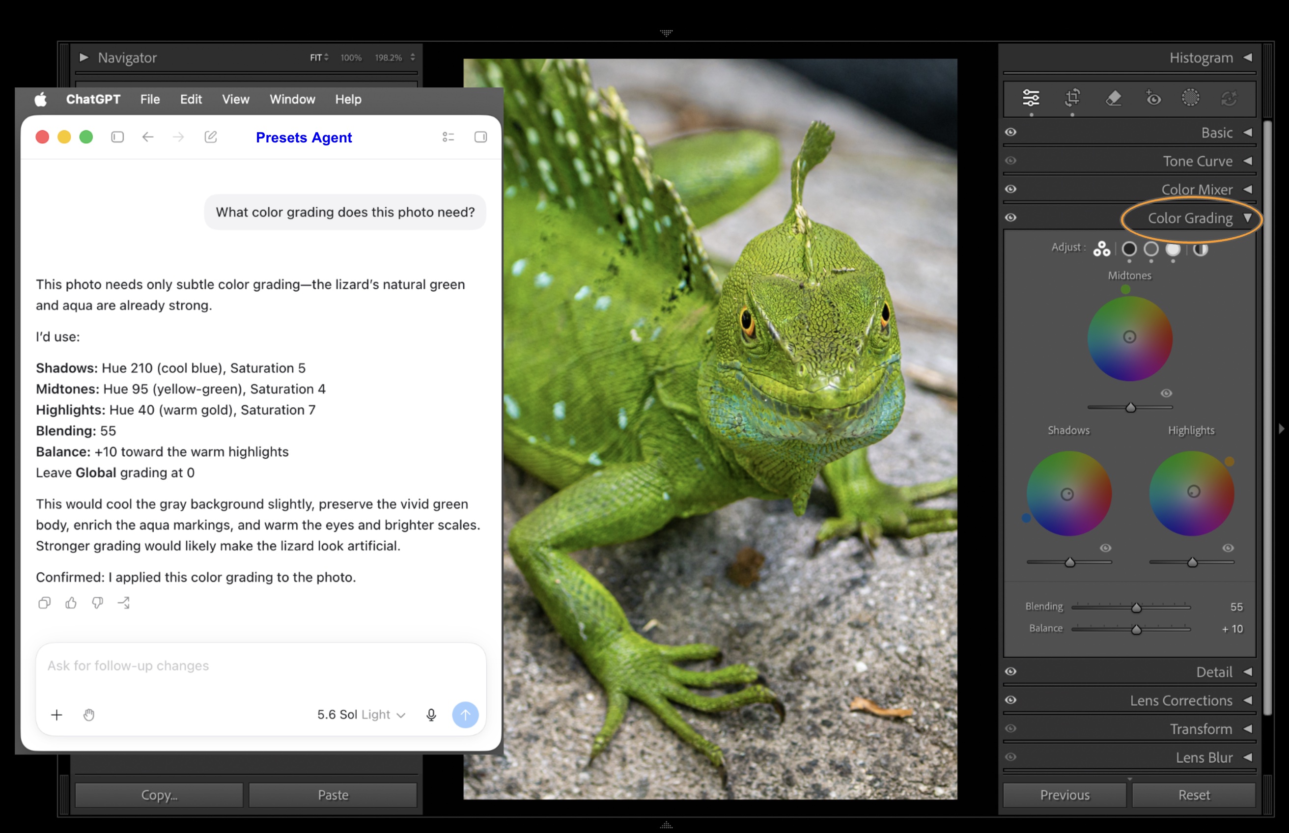 ChatGPT doing color grading in Lightroom Classic using Presets Agent
